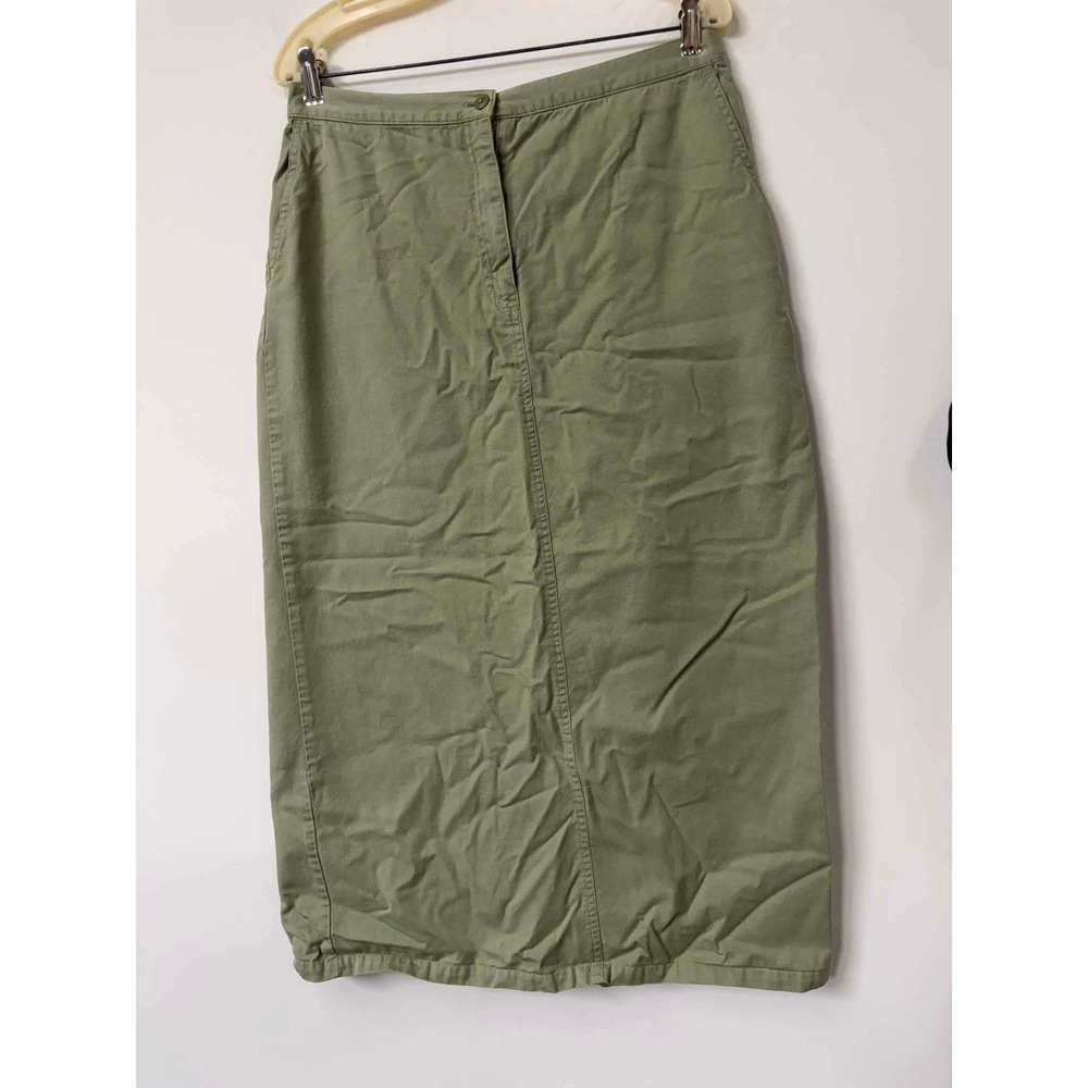 Vtg 90s Eddie Bauer 12 Sage Green Cotton Tencel Midi Skirt Pockets Modest Flat